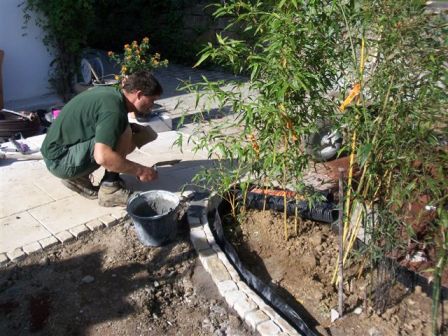 Umrandung f�r Bambushecke wird verlegt